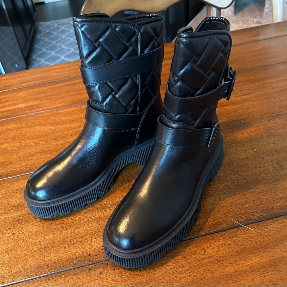 KURT GEIGER Womens Black Quilted Combat Moto Boots with Buckles Size 38 - Picture 3 of 9